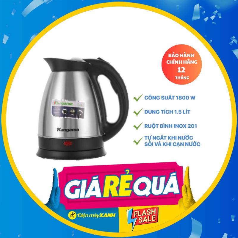 Bình đun siêu tốc inox Kangaroo KG15SK3 1.5 lít - Chính hãng BH 12 tháng