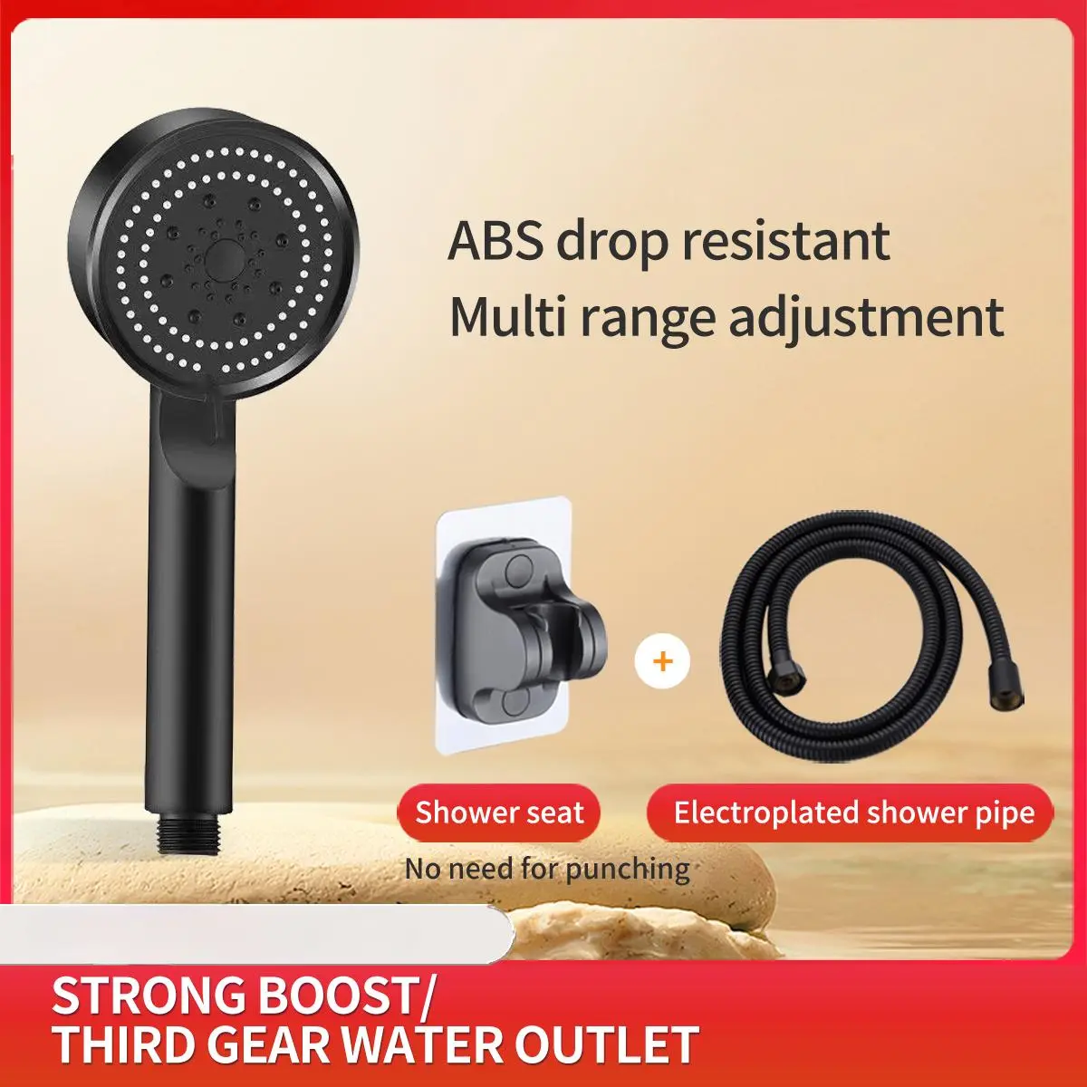 Gozen Bathroom Black Pressurized Shower Sprinkler Head Set with 1.5m Hose and Non-Punching Holder