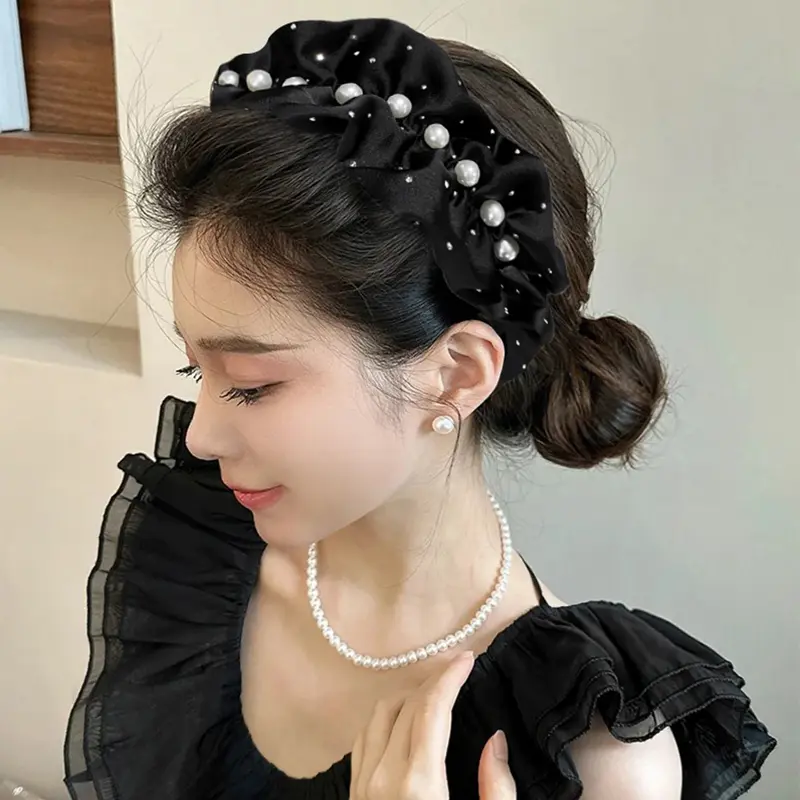 Băng Đô Satin Màu Đen Xếp Nhún Thanh Lịch, Vòng Cài Tóc Rộng Công Chúa, 1 Cái 4