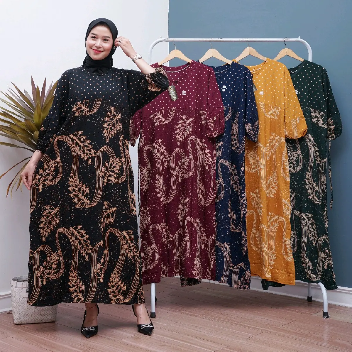 Gamis Rayon Premium Motif Daun Sopal Bintik/Busui Friendly/Wudhu Friendly/bahan super adem/nyaman dipakai