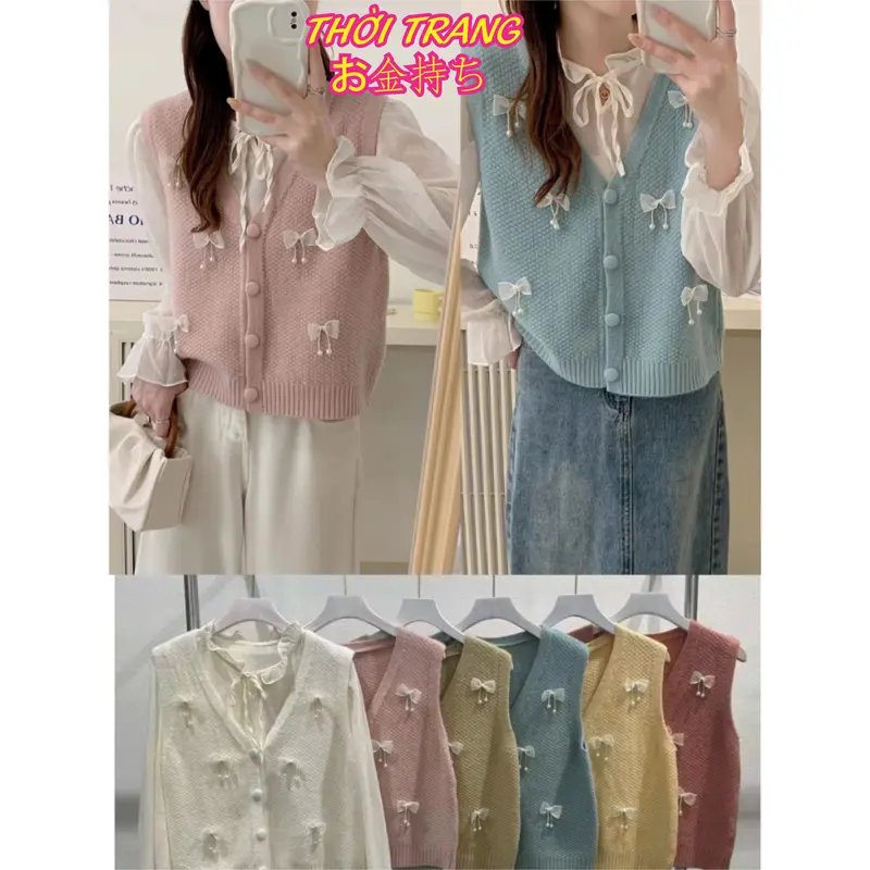 Áo gile len đính nơ cúc bọc cổ V nhiều màu 406 0