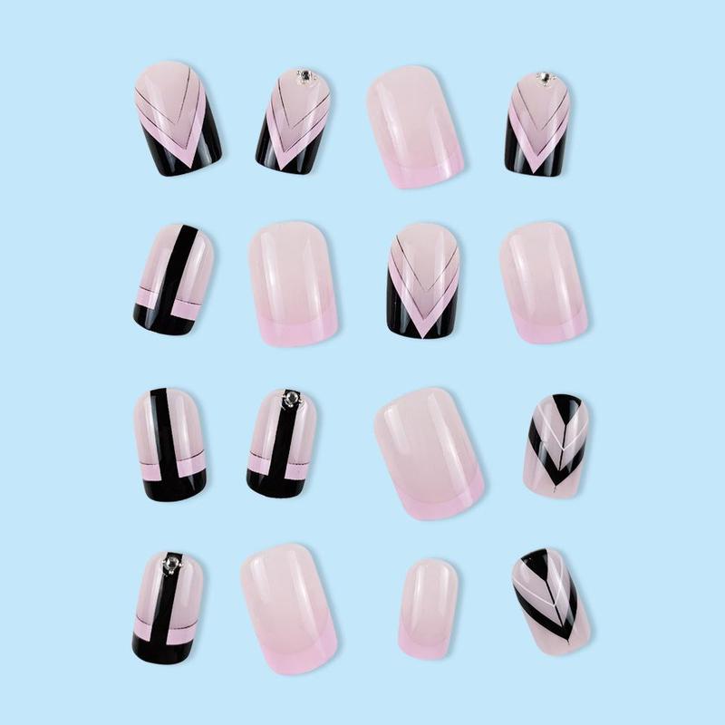 Pink and Black Press on Fake Nail, 24pcs Rhinestone Decor Fashion Press on Nails & 1 Count Tape & 1 Count Nail File & 1 Count Wooden Stick 3