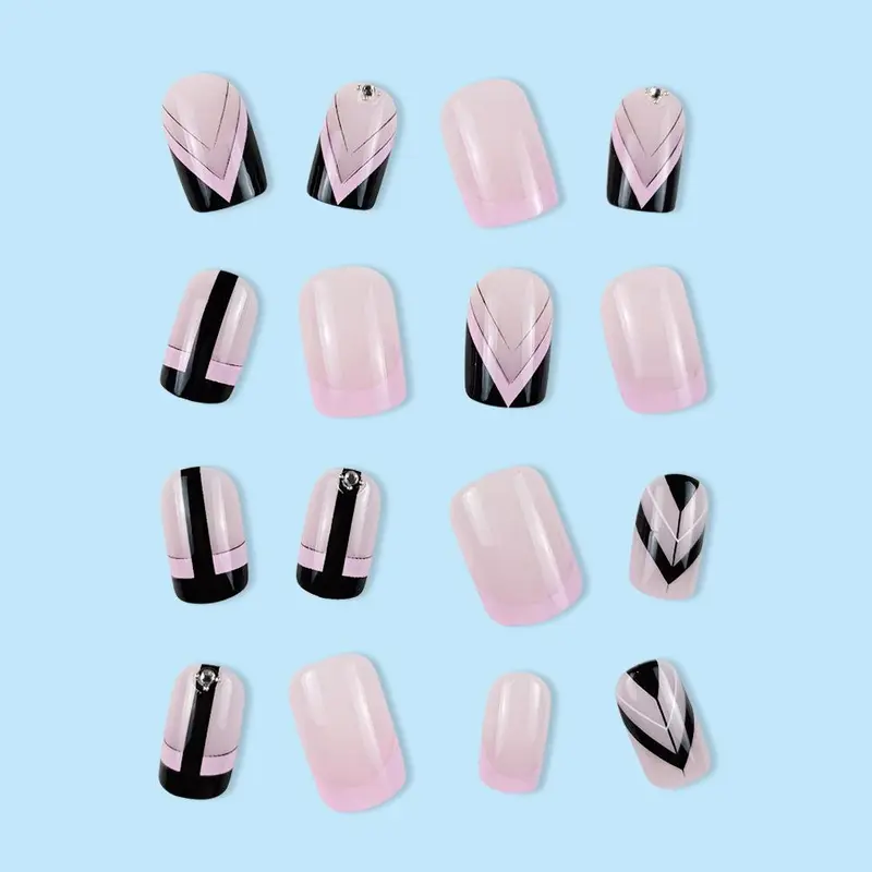 Pink and Black Press on Fake Nail, 24pcs Rhinestone Decor Fashion Press on Nails & 1 Count Tape & 1 Count Nail File & 1 Count Wooden Stick 3