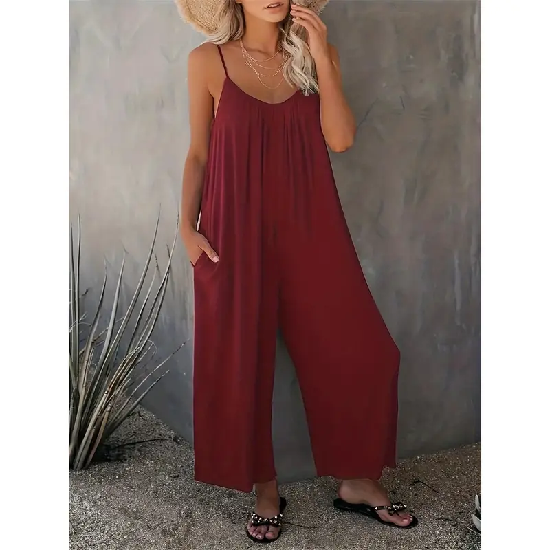 Plus Size Basic Jumpsuit, Women's Plus Solid V Neck Wide Leg Summer Cami Jumpsuit 3