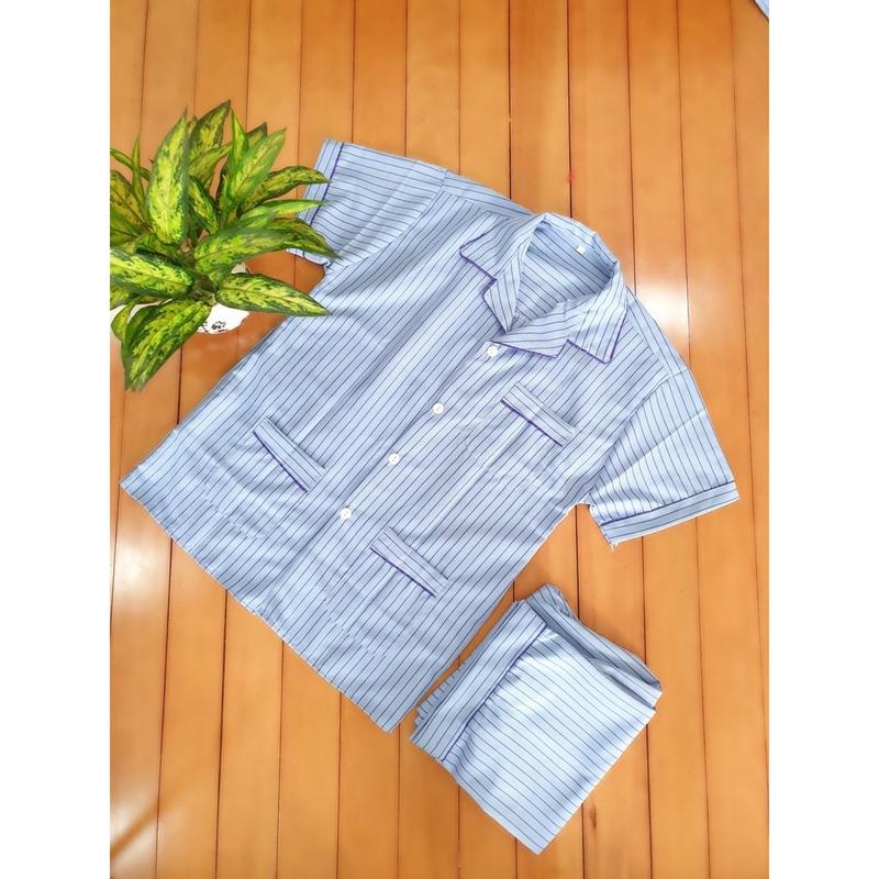 Đồ bộ pijama nam trung niên cao cấp mặc nhà chất vải kate thoáng mát ông già kẻ sọc cộc tay 5