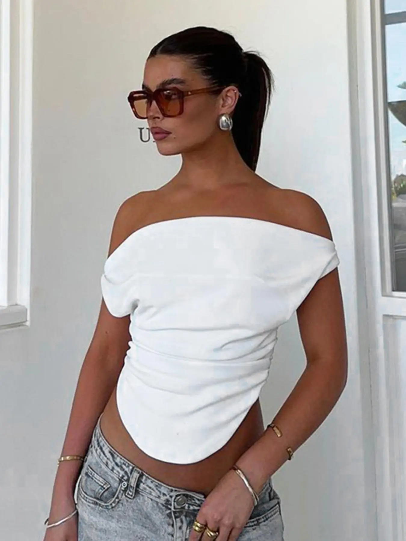 Women's Plain Ruched Off Shoulder Crop Tee, Casual Cap Sleeve T-shirt for Spring & Fall, Women's Clothing for Daily Wear, Tops