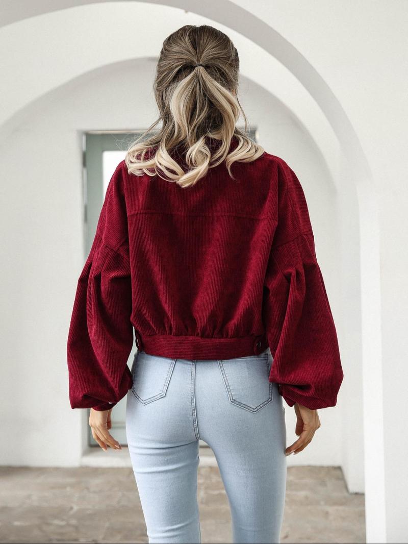 Product Introduction of Women's Plain Pocket Button Front Lantern Sleeve Ruched Jacket, Coats for School, Casual Drop Shoulder Long Sleeve Collar Outerwear for Daily Wear, Jackets for Women, Ladies Clothes, Back To School Clothes, Gen Z Corporate Outfit,  Winter Coats 2024 12
