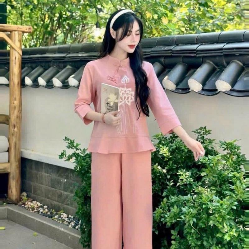 Bộ lam đi chùa nữ BEBE đũi vân mây thêu hoa sen cổ tàu nút thắt kết hợp quần hai túi trang trọng đồlam 1