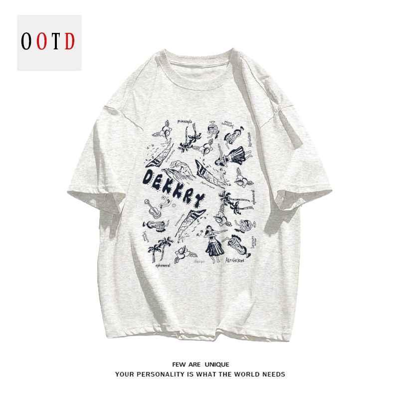 Áo xinh mùa hè Hàn Quốc in họa tiết đơn giản unisex thời trang tay ngắn oversize mùa hè cổ tròn co giãn áo thun phong cách tay lỡ dáng rộng thoáng mát cho nam nữ dễ phối #209