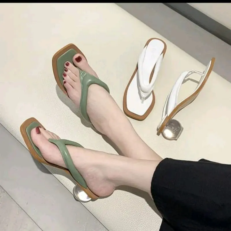 [COD] HEELS VANESSA HAK KACA BULAT / SANDAL WANITA GREEN WHITE CANTIK GRATIS ONGKIR Sandal