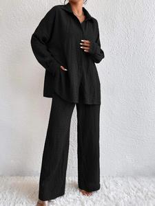 Two-Piece Set Women's Solid Color Button Front Drop Shoulder Shirt & Elastic Waist Pants Set, Elegant Fashion Casual Long Sleeve Collared Top & Trousers Outfits for Daily Wear, Ladies Spring & Fall Clothes