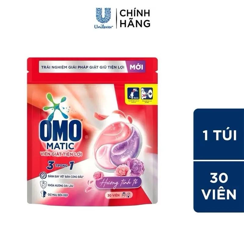 Viên giặt quần áo OMO Matic tiện lợi 3 trong 1 (30 viên/túi) - Đánh bay vết bẩn cứng đầu, khóa hương dài lâu và giữ quần áo bền đẹp - Làm Sạch