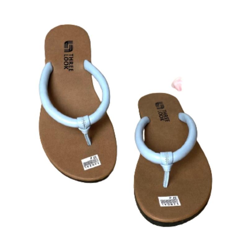 Sandal Wanita Jepit Teplek Flat Kekinian Karet Kulit Sintetis Threelook - Jamilah Pink Putih 8