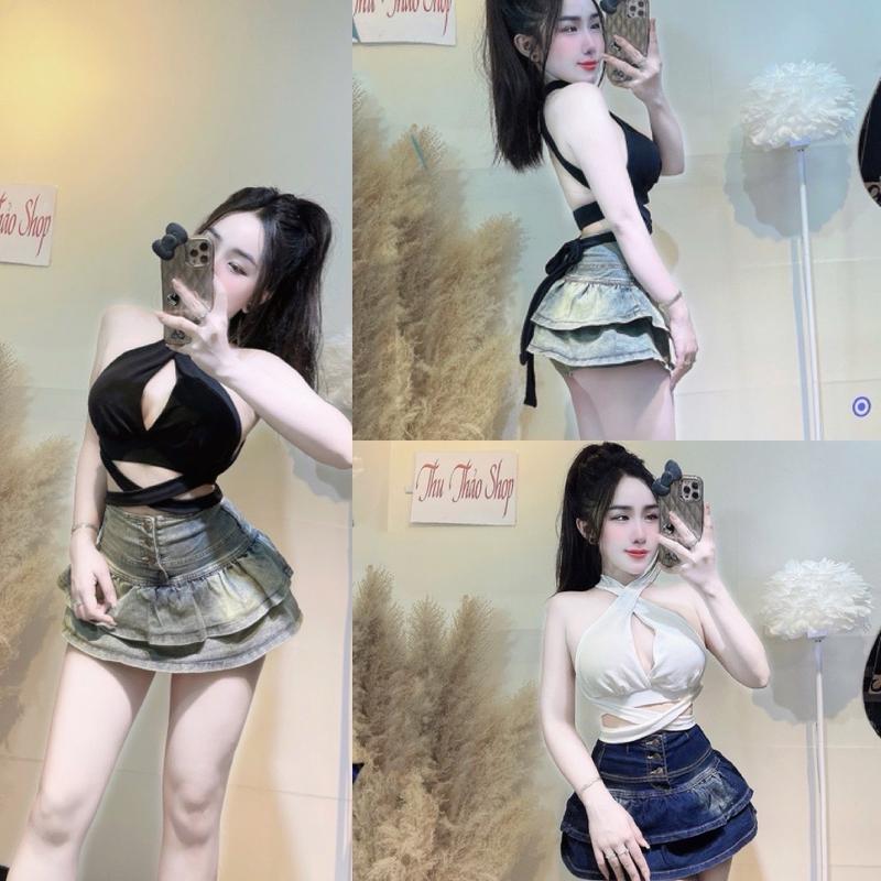 ÁO YẾM CHÉO VAI CHOÀNG CỔ PHÍA SAU ĐAN DÂY HỞ LƯNG FOM CROPTOP Nữ