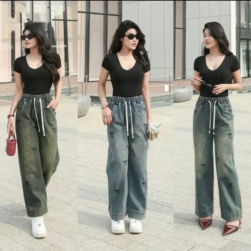 [M38]Quần jean nữ dáng xuông họa tiết thêu nơ vải jean mềm không dãn