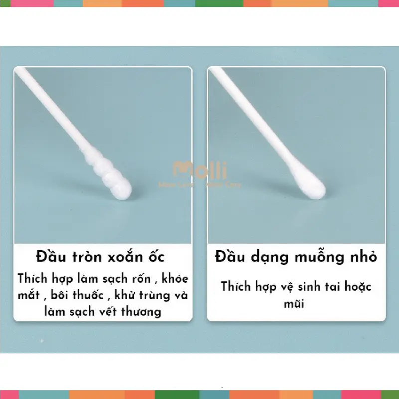 Tăm bông trẻ em Molli kháng khuẩn (Hộp 200 Que Lõi Giấy)  cho bé sơ sinh ngoáy tai, mũi -  Thiết kế 2 đầu đặc biệt dễ dàng sử dụng 4