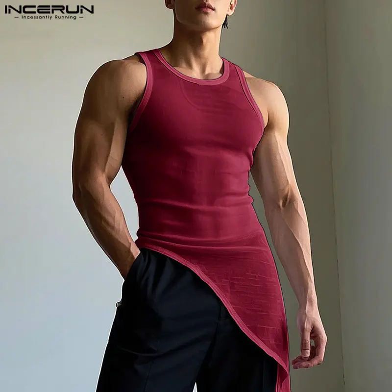 INCERUN Tanks For Man Summer Sleeveless Vests Sando Singlet Mesh Irregular Tank Top (Korean Style)