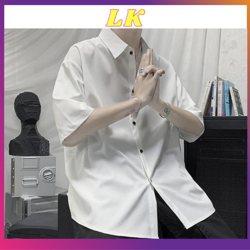 Áo sơ mi nam tay ngắn form rộng nút trắng đen vải lụa mềm  mịn mặc thoáng mát phong cách trẻ trung năng động-MRNK06 Menswear Shirt