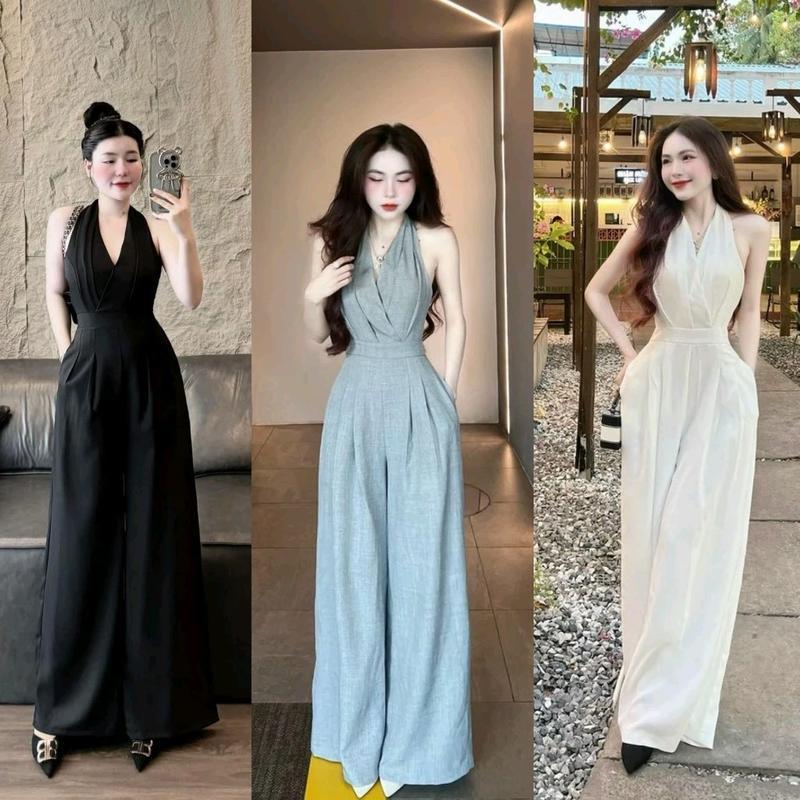 Sét Jumpsuit thời trang nữ body cổ yếm ống suông rộng với 3 tone màu sang chảnh đi dự tiệc sang trọng 0