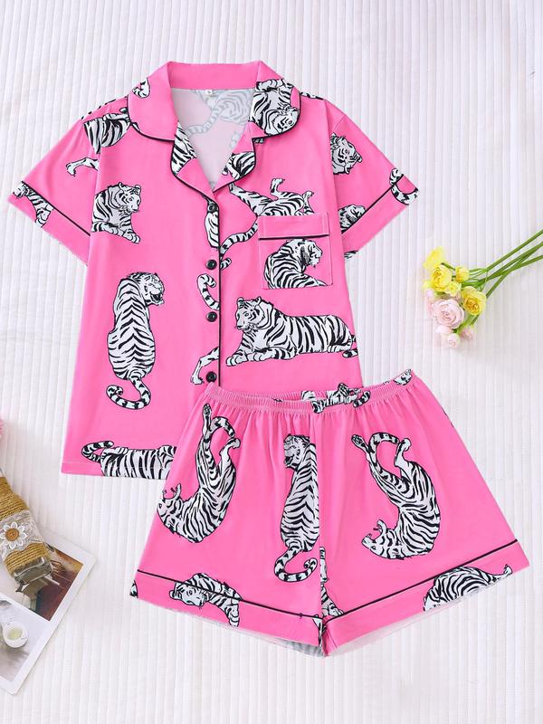 Women's Cartoon Print Contrast Binding Pocket Lapel Shirt & Elastic Waist Shorts Pyjama Set, Casual Comfy Button Front Short Sleeve Top & Shorts Pj Set, Pyjamas for Women, Pajamas, Ladies Sleepwear, Pyjamas for Women 7