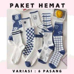 SUPER HEMAT - 6 PASANG KK574 Kaos Kaki Panjang Motif Garis Putih Biru Kaus Kaki Olahraga  Wanita Dewasa