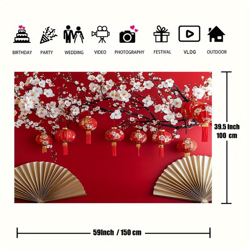 Nền chụp ảnh hoa đèn lồng đỏ, chất liệu Polyester, hoàn hảo cho các lễ kỷ niệm năm mới và đạo cụ chụp ảnh, có kích thước từ 39x59in đến 70,8x90,5in 5