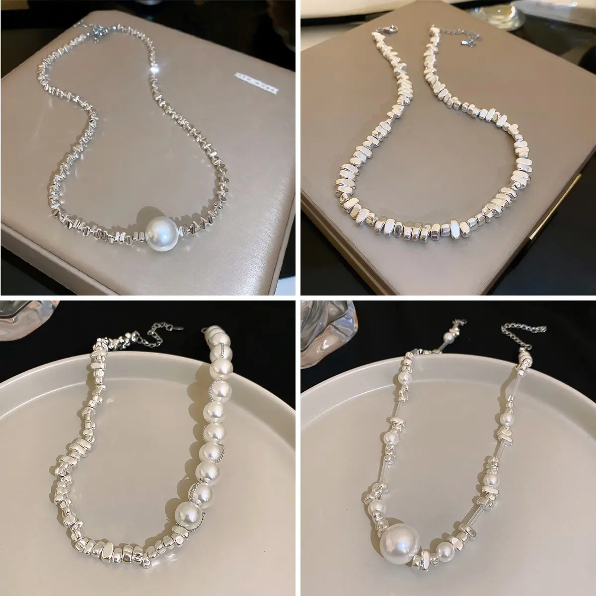 WM Artificial Crushed Silver Pearl Necklace| Irregular Geometric Collarbone Chain for Women| 2025 Spring Minimalist Electroplated Jewelry| Cross-Border Exclusive Fashion Accessories