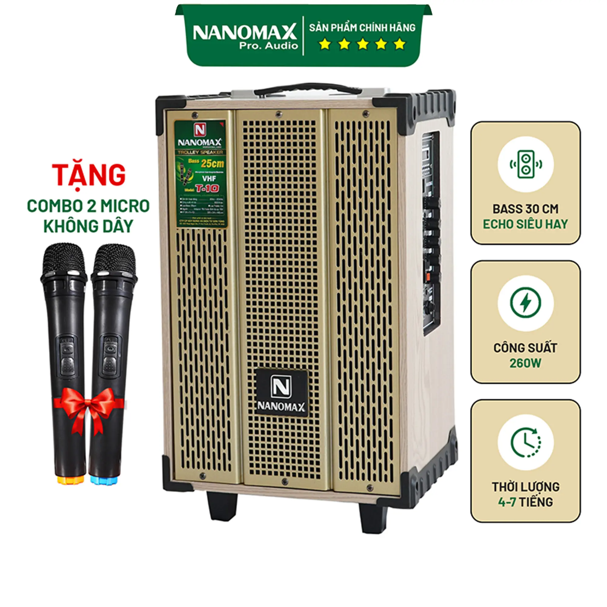 Loa Kéo Mini Nanomax T-10 Bass 25cm Công Suất 200w Tặng 2 Micro VHF Không Hú