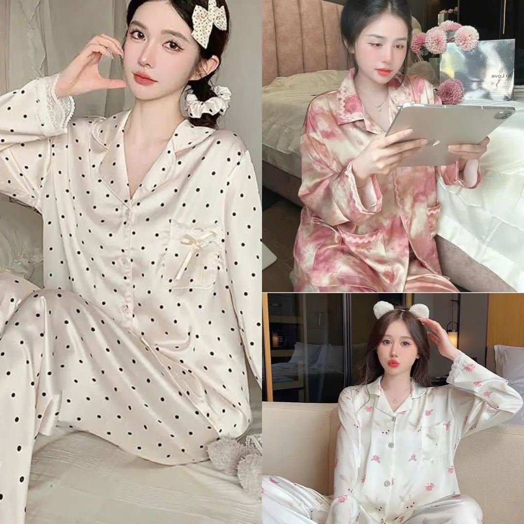 Bộ pyjama Latin tay dài, Loang hồng 2 túi, chấm bi latin , Hoa Đơn Đỏ Latin Tay dài Pijama Women Nữ Quần Ngủ Áo Ngủ