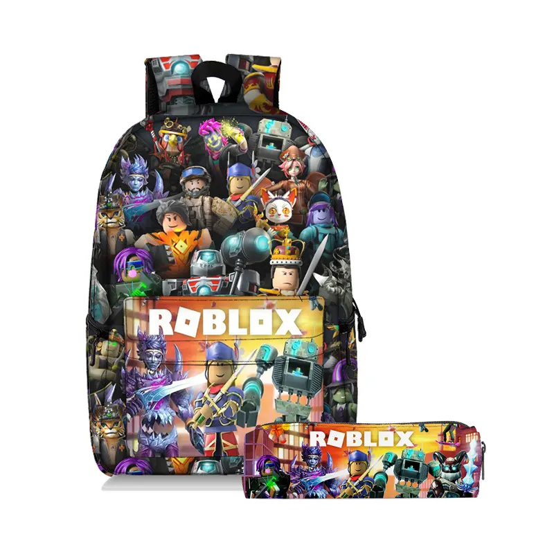 Roblox Student Backpack + Round Pencil Bag 2-piece Set - Backpack Load reduction large capacity 18inch printed backpack
