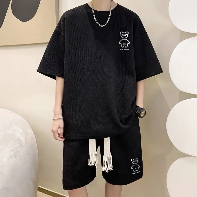 เสื้อยืดแขนสั้นผู้ชาย กางเกงขาสั้น ลำลอง ทรงหลวม ไซส์ใหญ่ ชุดทูพีซ