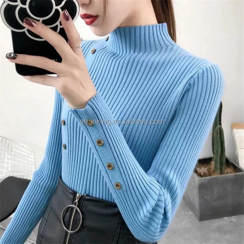 Product Introduction of K105 Women Knitted Slim Sweaters Solid Knitted Female Cotton Soft Elastic Color Pullovers Button Full Sleeve Turtleneck 5