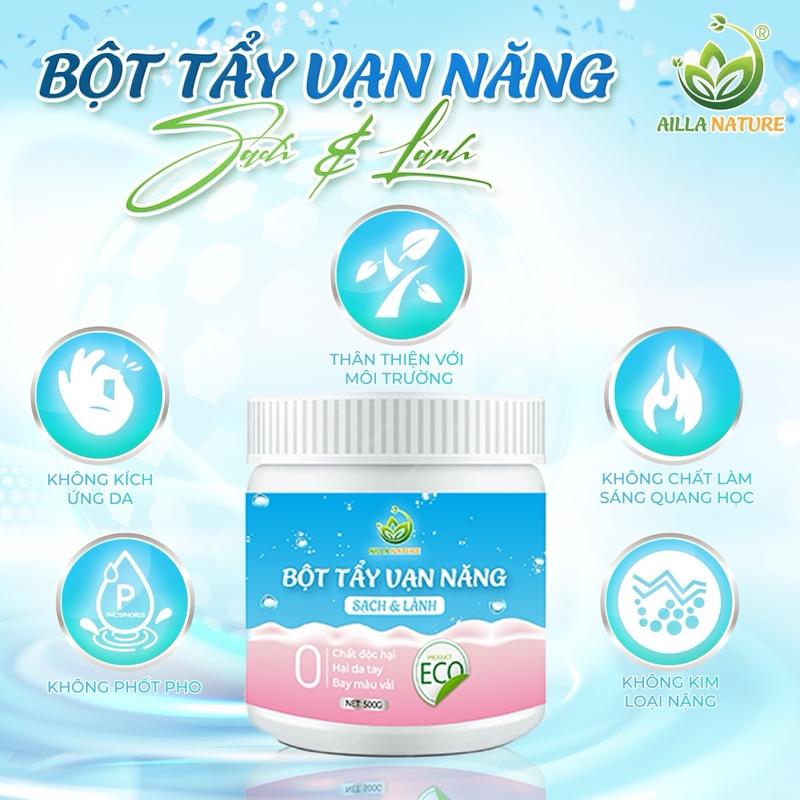 Bột Tẩy Vạn Năng Ailla 450g. Không mùi, K ăn mòn, lành tính. Làm sạch đa năng các đồ vật trong gia đình: quần áo, máy hút mùi, dầu mỡ, thông cống, tẩy lồng giặt,....