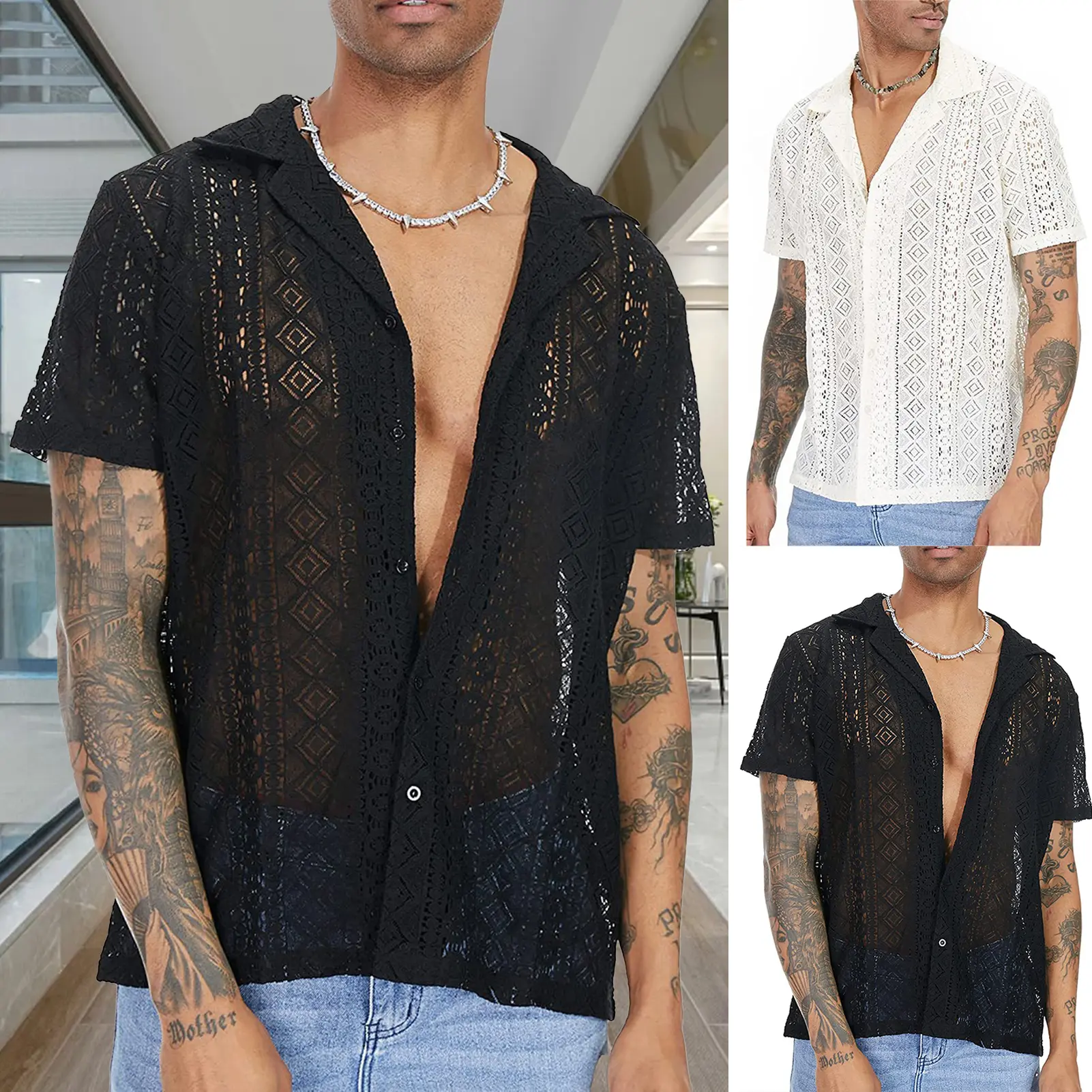 Men Summer Shirt Solid Color Hollow Out Lapel Short Sleeves Single-breasted Daily Wear Loose Breathable Men T-shirt Men Clothes wetsuit Top Menswear Casual Tropical Vneck Human Lingerie