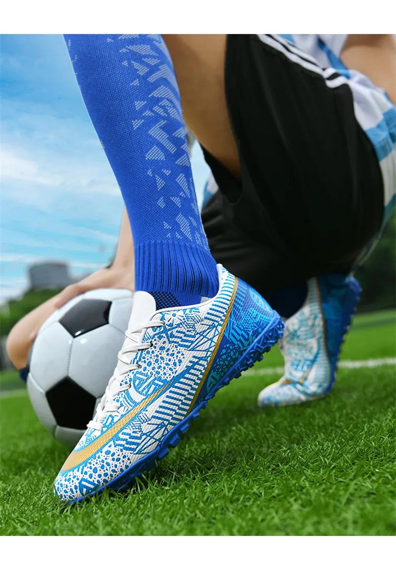 Product Introduction of High Quality Men Women Soccer Shoes Light Cleats Training Football Shoes Ankle Sport Long Spike Sneakers Turf Futsal Shoes Big Size 33-45 49
