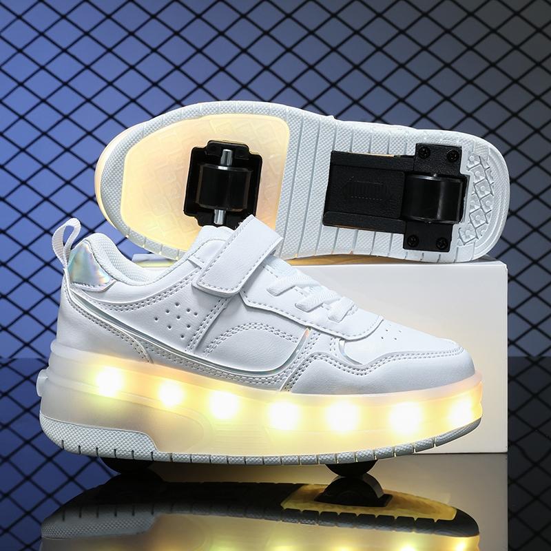 2024 New children's gift two-wheeled walking shoes Light dry comfortable convenient fast wear resistant Velcro double mesh breathable LED light wheel shoes skate shoes 8