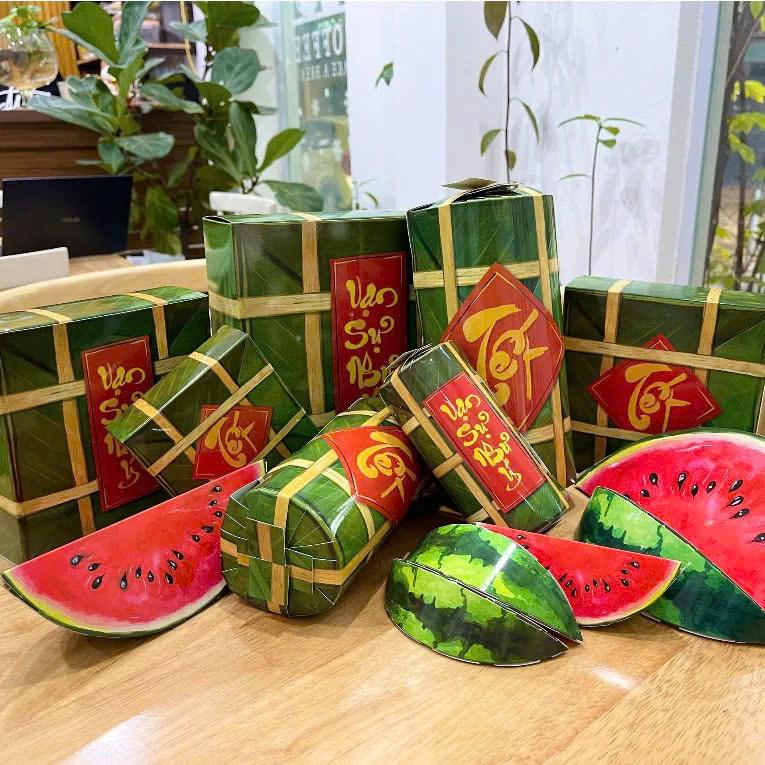 COMBO 3 Món Mô Hình Bánh Chưng Bánh Tét Dưa Hấu Đỏ Trang Trí Nhà Cửa, Quán Cafe, Cửa Hàng Ngày Tết
