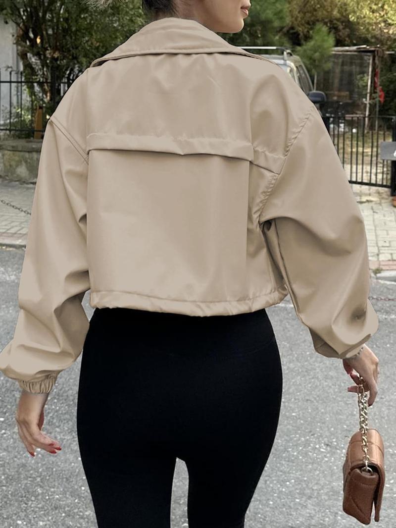 Product Introduction of Women's Solid Zip Up Crop Jacket, Casual Fashionable Pocket Lightweight Outerwear, Ladies Spring & Fall Clothes, Clothes for Women 6