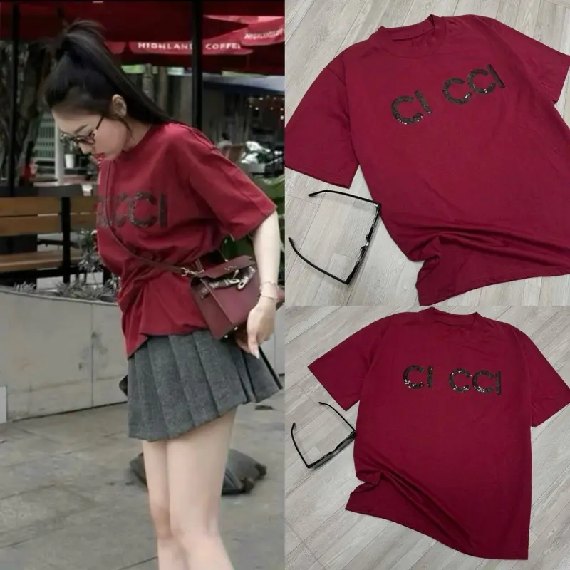 Áo Phông Nữ €U/€/I/€ Đính Kim Sa Lấp Lánh Cotton Hai Chiều #P22