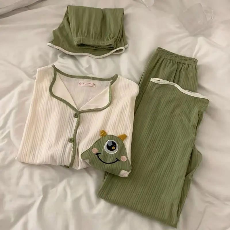 INS Style Pajamas Summer Women's Big Eyes Artificial Cotton Cardigan Three-Piece Short Sleeve Shorts Trousers Homewear Suit Loungewear Nightwear Lady Pjs Basic Minimalist Sleeveless Womenswear Lingerie Pajama Set Longsleeve Pants
