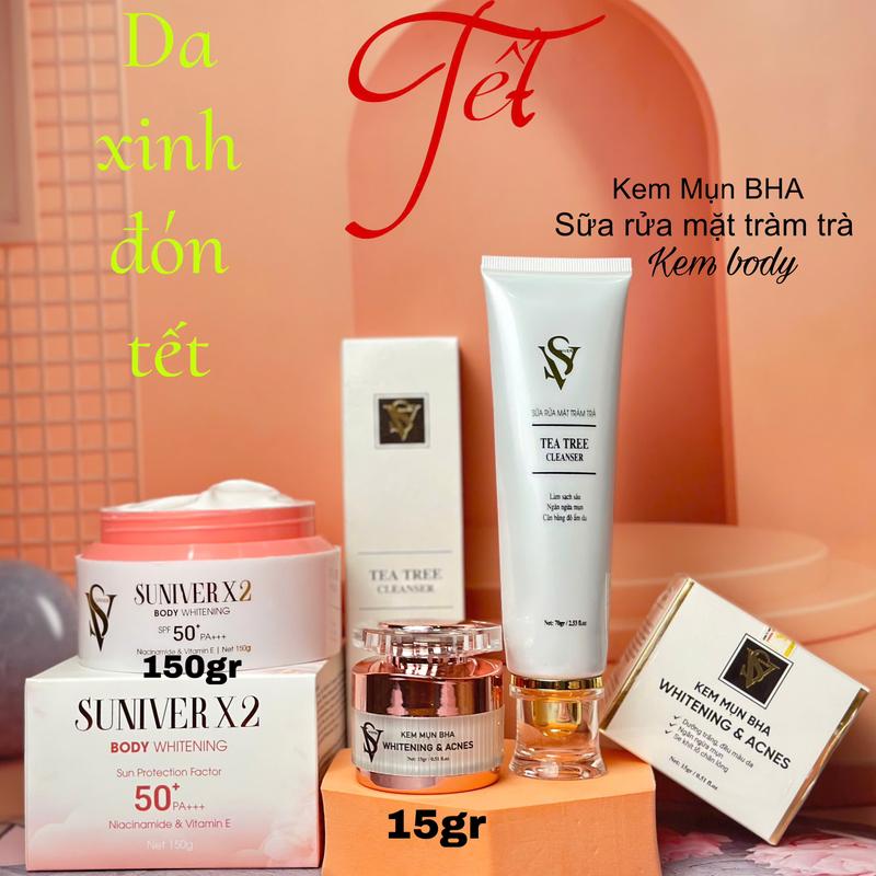 Giá Tri Ân ( Bộ Kem Tết ) Kem Mụn BHA + Sữa Rửa Mặt Tràm Trà và 1 Kem Body 150g Dưỡng Trắng Làm Đẹp Da