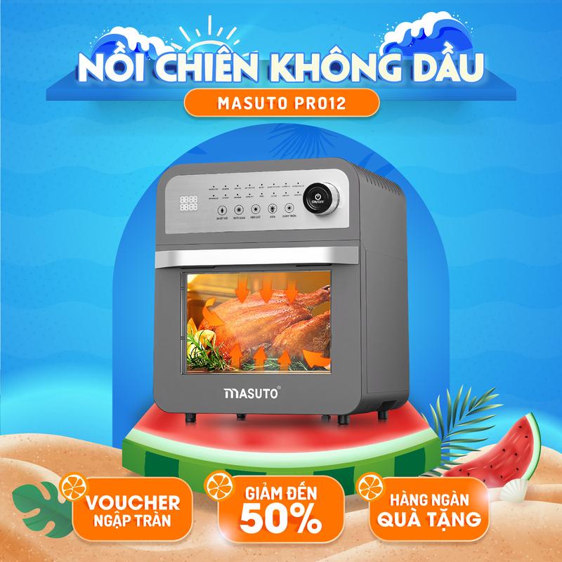 [ĐỘC QUYỀN LIVE] Nồi chiên không dầu 12L Masuto thế hế mới, 15 chế độ nấu tự động cao cấp, nhiều phụ kiện, quay gà nguyên con - Bảo hành 3 năm Silicon Silicon