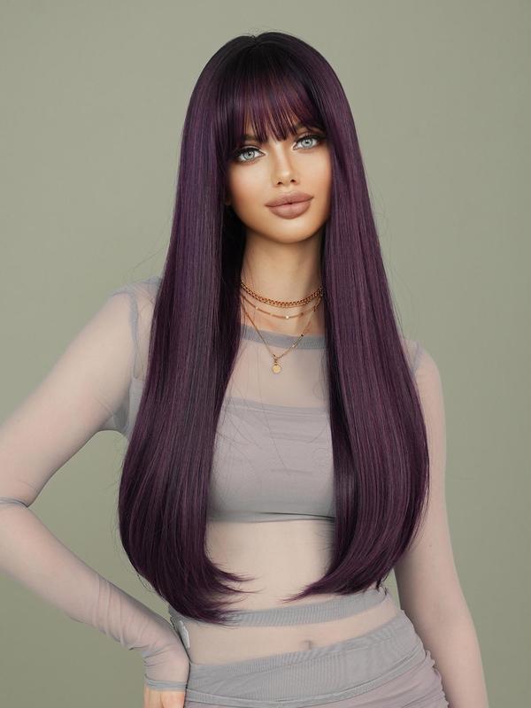 28 Inch Long Mocha Brown Straight Wigs for Women, Gorgeous Fluffy Wigs with Bangs, Synthetic Full Machine Wigs for Party, Daily Use 6