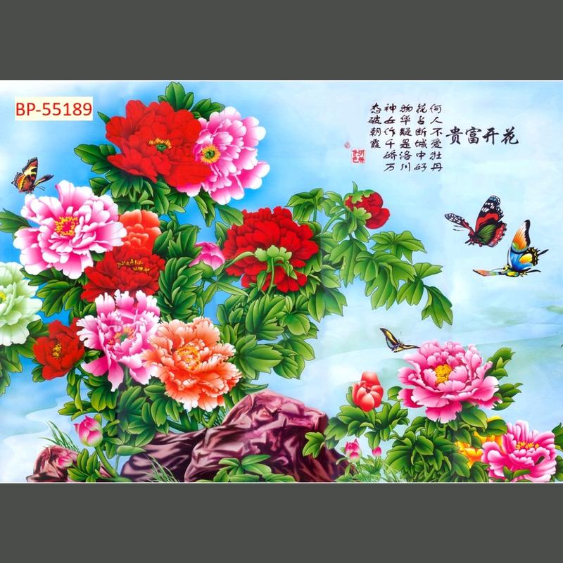 Tranh hoa mẫu đơn trang trí phòng khách phòng thờ, tranh 3D dán tường in trên chất liệu vải lụa (shop tặng kèm keo dán)