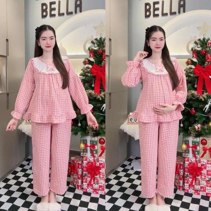 { BỘ TAY DÀI } { 40 - 95kg } Đồ Bộ Bầu Tay Dài Mặc Nhà Và Sau Sinh Caro Không Gây Kích Ứng Cho Da, Áo Có Khóa Ti, Quần Chun Chỉnh Bụng