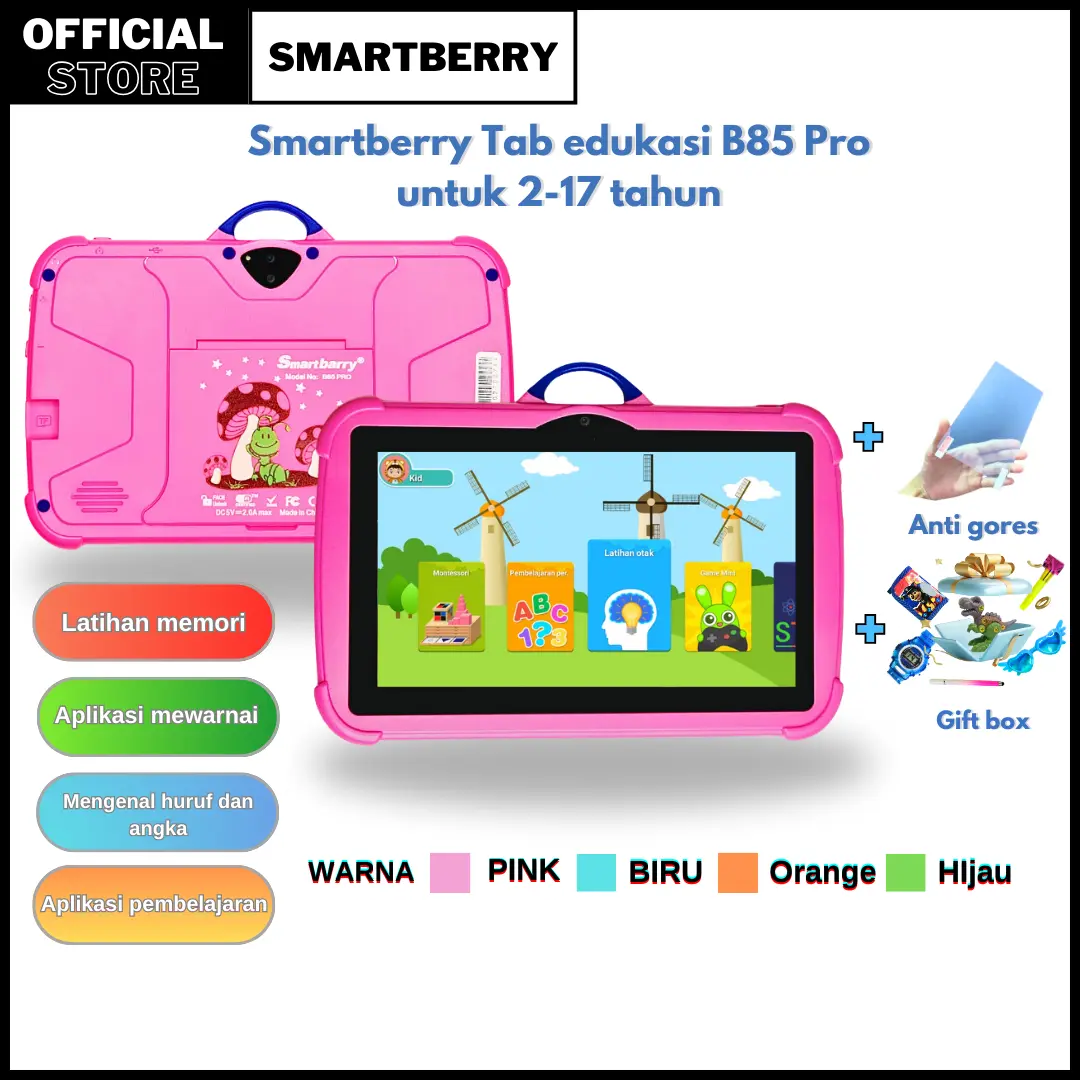 SMARTBERRY Tablet Pembelajaran Anak TAB B85 pro / B91 / B93 tablet edukasi / anak / belajar / 7 inch / game / RAM 4/128 / COD / PROMO / Layar IPS / HD / Anti Radiasi / WIFI / GIFT / Bergaransi / Penddikan Set Hadiah / Bluetooth
