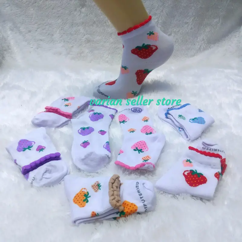 Kaos kaki anak perempuan tk dan paud  pendek umur 5 6 tahun motif stroberi dan ceri  bahan katun fashion Bunga Sd Cantik 4
