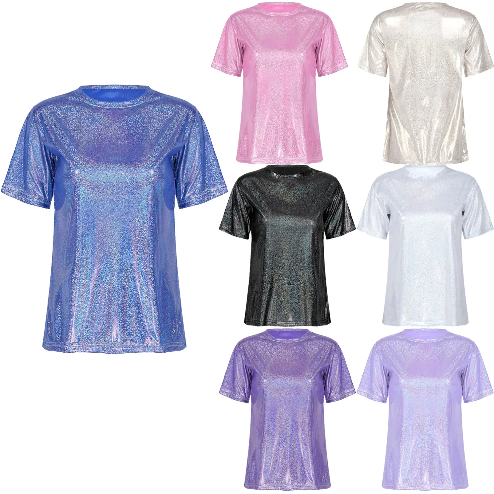iixpin Women Short Sleeve Shiny Glitter Metallic T Shirt Holographic Rave Festival Party Blouse Tops Round Neck Womenswear