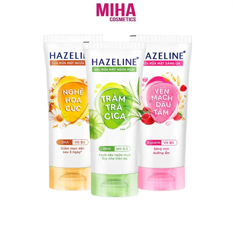 Sữa Rửa Mặt HAZELINE Yến Mạch Dâu Tằm Tràm Trà Cica Nghệ Hoa Cúc 100g