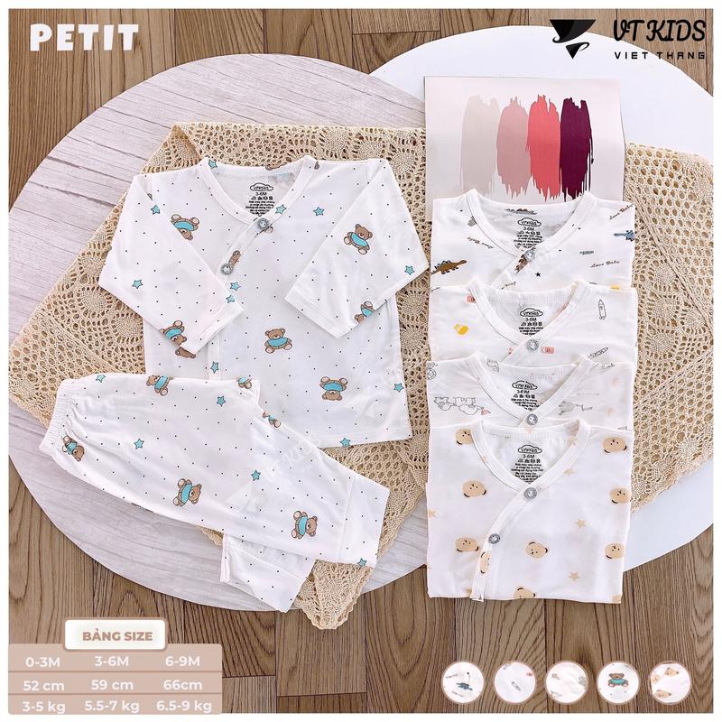 [Petit Vtkid] Bộ dài tay peptit trắng nhiều họa tiết cho bé mặc hè co giãn, mềm mịn 0-9m